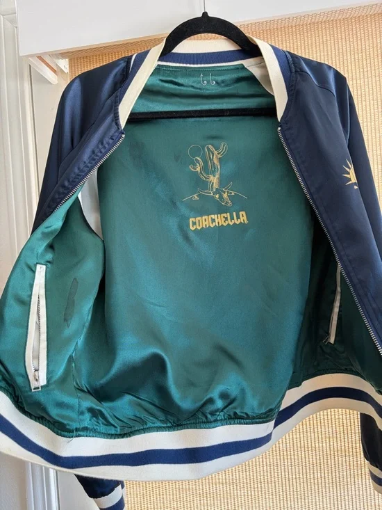 Green Satin 'Coachella' Embroidered Bomber Jacket - Picture 9 of 9